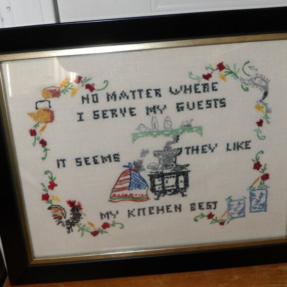 Vintage FRAMED 13x16" Hand Embroidered Cross Stitch Embroidered Kitchen Sampler - Picture 3 of 5